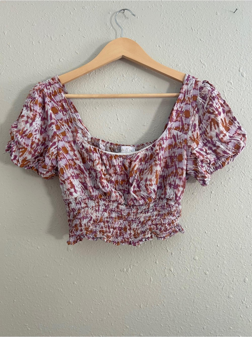 Love & Piece Smocked Square-Neck Crop Top in Mauve and Rust Tie Dye Summer
